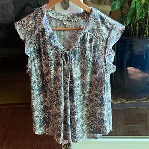 Lucky Brand Blue and Pink Floral Tie-Front Ruffle Sleeve Top